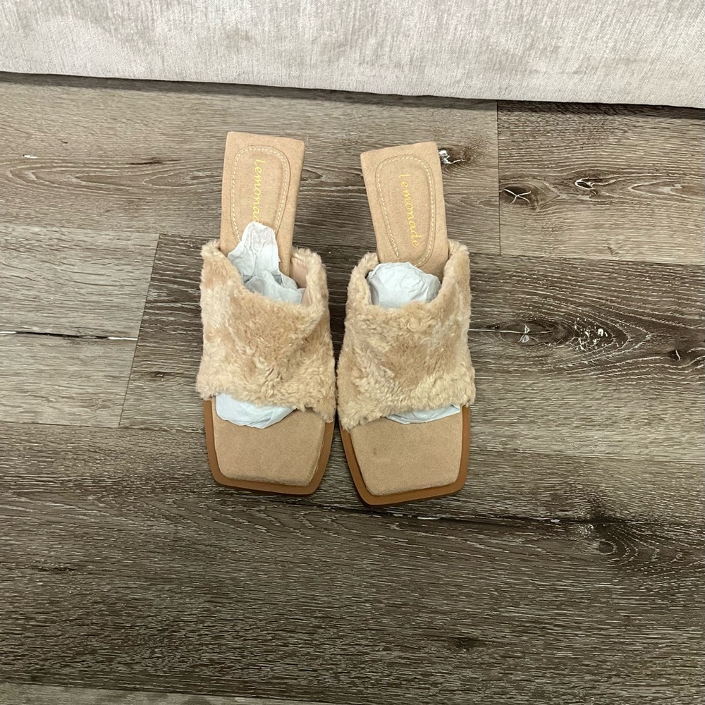 Furry Tan Slip-On Sandals